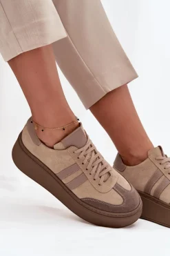 Skórzane Zamszowe Sneakersy Damskie Na Platformie Zazoo 3775 Beżowe
