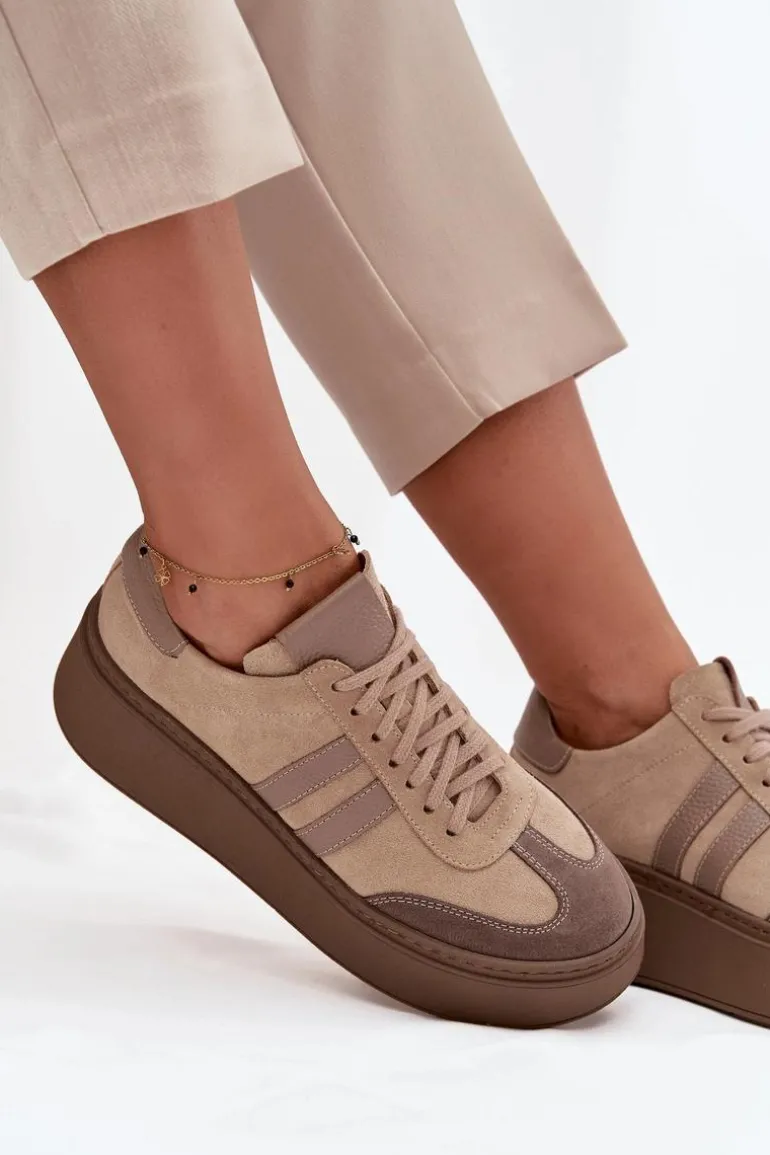 Skórzane Zamszowe Sneakersy Damskie Na Platformie Zazoo 3775 Beżowe
