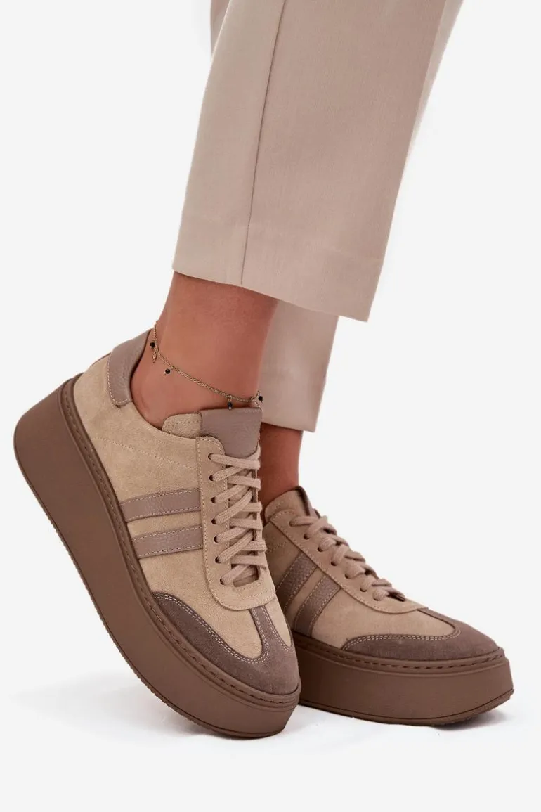 Skórzane Zamszowe Sneakersy Damskie Na Platformie Zazoo 3775 Beżowe