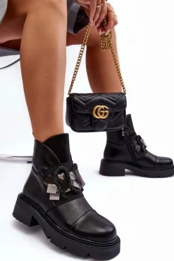 Skórzane Zdobione Botki Na Płaskim Obcasie I Platformie S.Barski MR870-46 Czarne