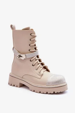 Skórzane Zdobione Botki Workery Damskie Beżowe Totah