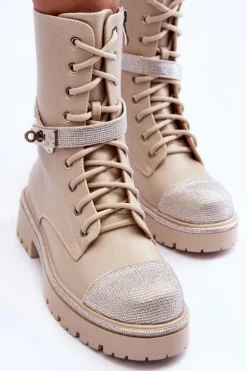 Skórzane Zdobione Botki Workery Damskie Beżowe Totah