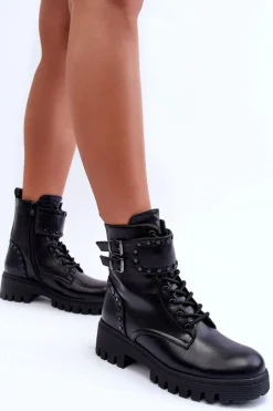 Skórzane Zdobione Botki Workery Czarne Carshena