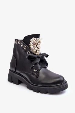 Skórzane Zdobione Niskie Botki Na Płaskim Obcasie Czarne Binga