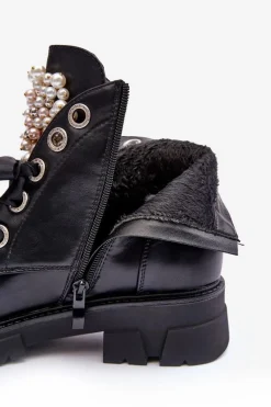 Skórzane Zdobione Niskie Botki Na Płaskim Obcasie Czarne Binga