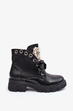 Skórzane Zdobione Niskie Botki Na Płaskim Obcasie Czarne Binga