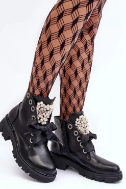 Skórzane Zdobione Niskie Botki Na Płaskim Obcasie Czarne Binga