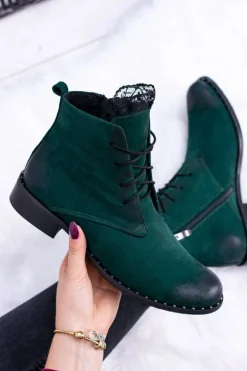 Skórzane Zielone Damskie Botki Z Koronką Millano