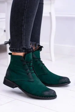Skórzane Zielone Damskie Botki Z Koronką Millano