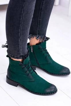 Skórzane Zielone Damskie Botki Z Koronką Millano