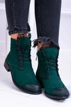 Skórzane Zielone Damskie Botki Z Koronką Millano