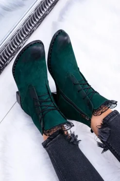 Skórzane Zielone Damskie Botki Z Koronką Millano