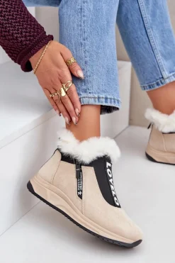 Sneakersy Botki Damskie Z Futerkiem Beżowe Zeriana