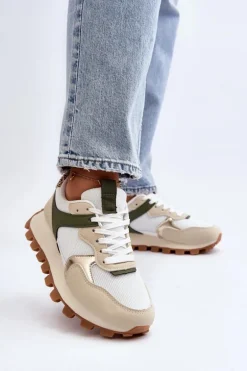 Sneakersy Buty Sportowe Damskie Beżowo-Zielone Ralita