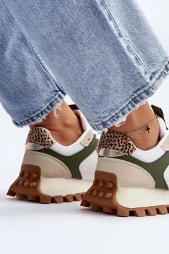 Sneakersy Buty Sportowe Damskie Beżowo-Zielone Ralita