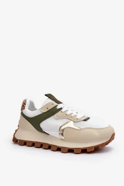 Sneakersy Buty Sportowe Damskie Beżowo-Zielone Ralita