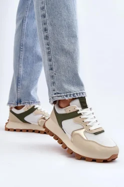 Sneakersy Buty Sportowe Damskie Beżowo-Zielone Ralita