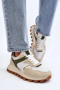 Sneakersy Buty Sportowe Damskie Beżowo-Zielone Ralita