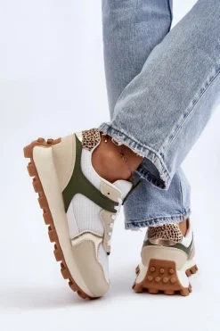 Sneakersy Buty Sportowe Damskie Beżowo-Zielone Ralita