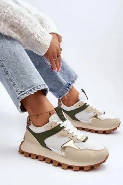 Sneakersy Buty Sportowe Damskie Beżowo-Zielone Ralita