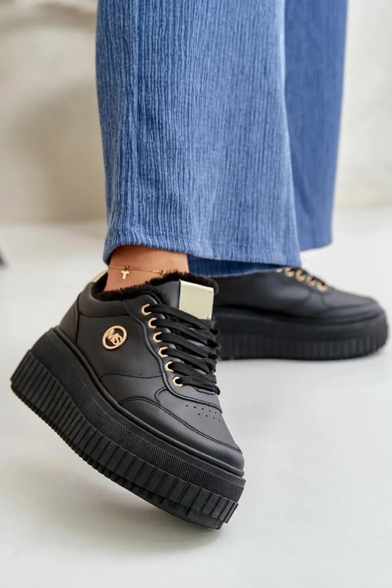 Sneakersy Buty Sportowe Damskie Ocieplane Na Masywnej Podeszwie Czarne Ardiela