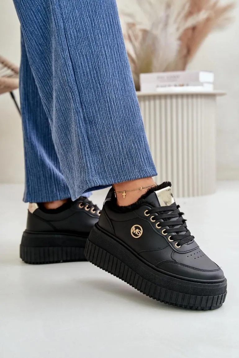Sneakersy Buty Sportowe Damskie Ocieplane Na Masywnej Podeszwie Czarne Ardiela