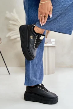 Sneakersy Buty Sportowe Damskie Ocieplane Na Masywnej Podeszwie Czarne Ardiela