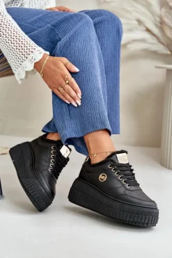 Sneakersy Buty Sportowe Damskie Ocieplane Na Masywnej Podeszwie Czarne Ardiela