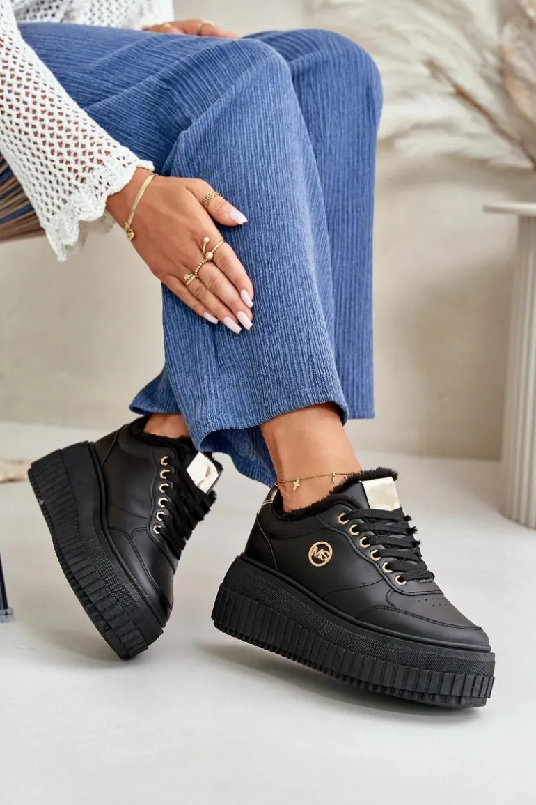 Sneakersy Buty Sportowe Damskie Ocieplane Na Masywnej Podeszwie Czarne Ardiela