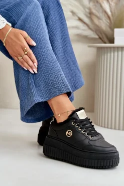 Sneakersy Buty Sportowe Damskie Ocieplane Na Masywnej Podeszwie Czarne Ardiela