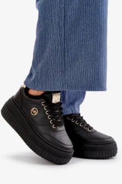 Sneakersy Buty Sportowe Damskie Ocieplane Na Masywnej Podeszwie Czarne Ardiela