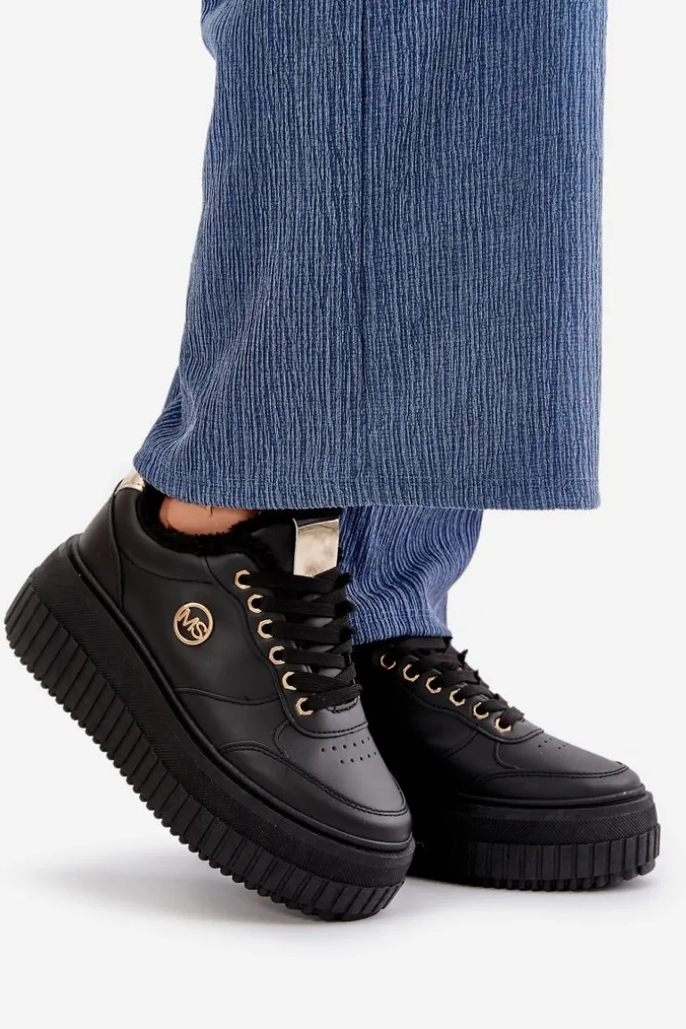 Sneakersy Buty Sportowe Damskie Ocieplane Na Masywnej Podeszwie Czarne Ardiela