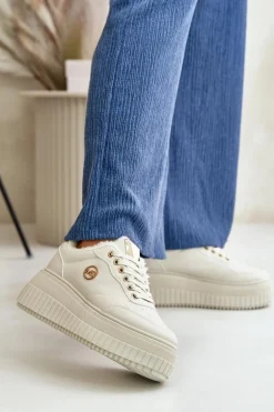 Sneakersy Buty Sportowe Damskie Ocieplane Na Masywnej Podeszwie Beżowe Ardiela