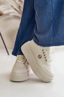 Sneakersy Buty Sportowe Damskie Ocieplane Na Masywnej Podeszwie Beżowe Verissha