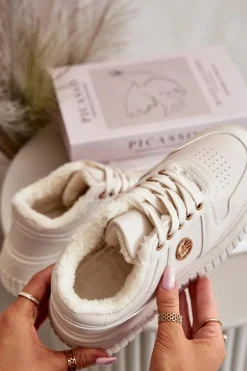 Sneakersy Buty Sportowe Damskie Ocieplane Na Masywnej Podeszwie Beżowe Verissha