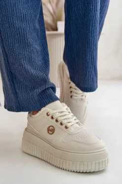 Sneakersy Buty Sportowe Damskie Ocieplane Na Masywnej Podeszwie Beżowe Verissha