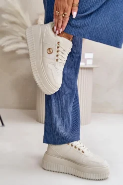 Sneakersy Buty Sportowe Damskie Ocieplane Na Masywnej Podeszwie Beżowe Verissha