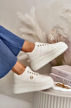 Sneakersy Buty Sportowe Damskie Ocieplane Na Masywnej Podeszwie Beżowe Verissha