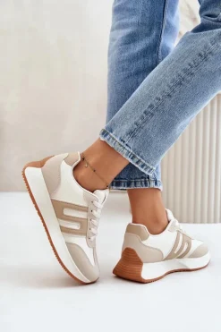 Sneakersy Buty Sportowe Na Platformie Damskie Beżowe Thari
