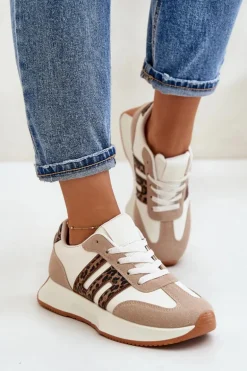 Sneakersy Buty Sportowe Na Platformie Panterka Damskie Beżowe Thari