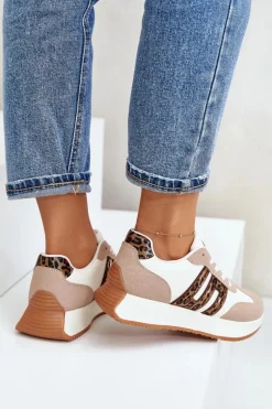 Sneakersy Buty Sportowe Na Platformie Panterka Damskie Beżowe Thari