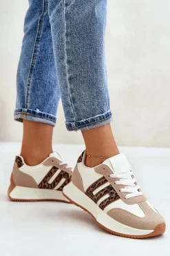 Sneakersy Buty Sportowe Na Platformie Panterka Damskie Beżowe Thari