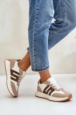 Sneakersy Buty Sportowe Na Platformie Panterka Damskie Beżowe Thari