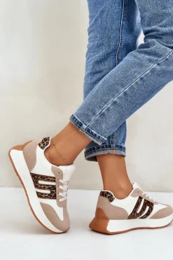 Sneakersy Buty Sportowe Na Platformie Panterka Damskie Beżowe Thari