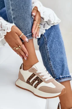 Sneakersy Buty Sportowe Na Platformie Panterka Damskie Beżowe Thari