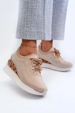 Sneakersy Damskie Na Koturnie Zdobione Cyrkoniami D&A MR38-377 Beżowe