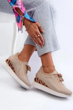 Sneakersy Damskie Na Koturnie Zdobione Cyrkoniami D&A MR38-377 Beżowe