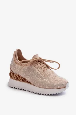 Sneakersy Damskie Na Koturnie Zdobione Cyrkoniami D&A MR38-377 Beżowe