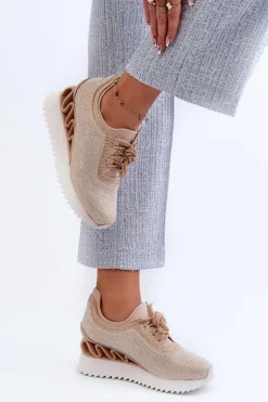 Sneakersy Damskie Na Koturnie Zdobione Cyrkoniami D&A MR38-377 Beżowe