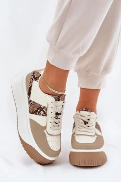 Sneakersy Damskie Na Masywnej Platformie Zwierzęcy Wzór Beżowe Telanila